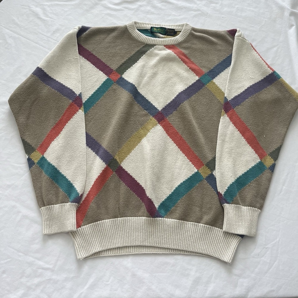 Vintage Byford Sweater Men's  M Knit Crewneck Geometric Grandpa Preppy
